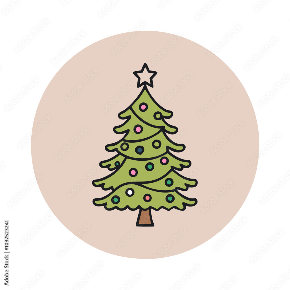 Eco-style New Year tree icon with colorful ornaments on pastel background Eco-style New Year tree icon with colorful ornaments on pastel background