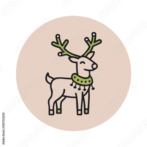 Eco-style New Year reindeer icon with green collar on pastel background