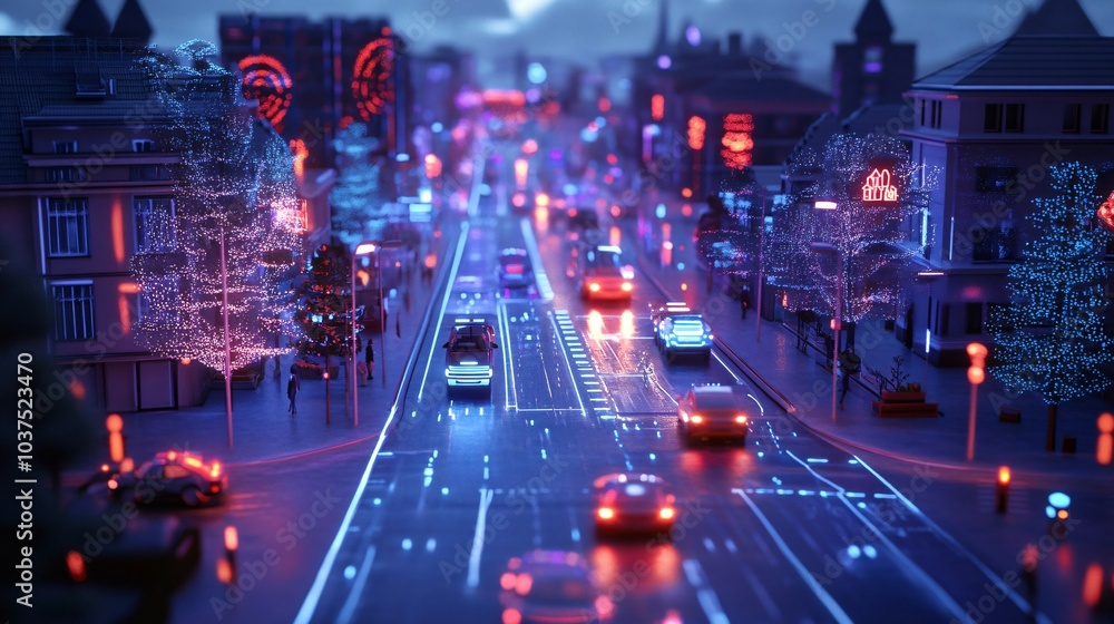 Futuristic city street at night with glowing neon lights and self-driving cars. Futuristic city street at night with glowing neon lights and self-driving cars.