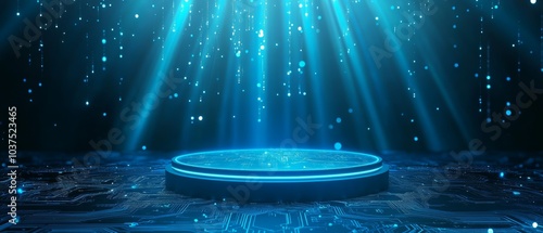 3D rendering of blue light rays shining down on a podium with a circular platform in the center. 