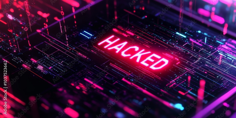 A high-tech design with a laptop on a dark digital backdrop, the text A high-tech design with a laptop on a dark digital backdrop, the text