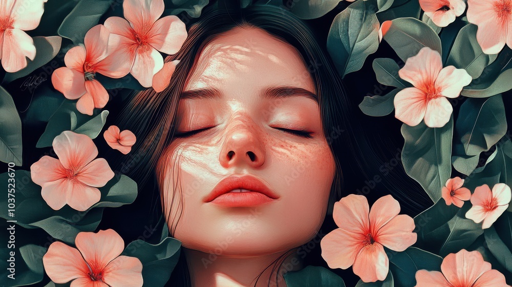 A digital artistic portrait of a woman with closed eyes, surrounded by foliage and pink flowers, creating a harmonious blend of nature and digital surrealism. A digital artistic portrait of a woman with closed eyes, surrounded by foliage and pink flowers, creating a harmonious blend of nature and digital surrealism.