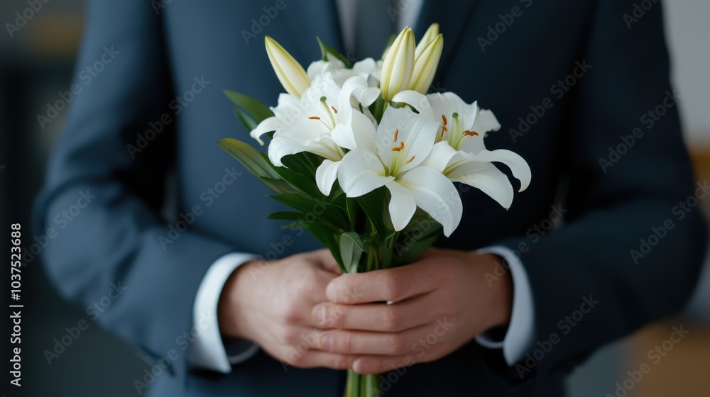 A man in a stylish blue suit holds a fresh bouquet of white lilies, presenting a gentle and thoughtful appearance, indoors with a serene and peaceful ambiance. A man in a stylish blue suit holds a fresh bouquet of white lilies, presenting a gentle and thoughtful appearance, indoors with a serene and peaceful ambiance.