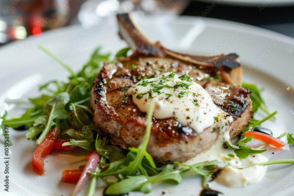 A grilled steak with creamy topping on a bed of greens is on a white plate. Concept of delicious gourmet dining. For restaurant menu design. A grilled steak with creamy topping on a bed of greens is on a white plate. Concept of delicious gourmet dining. For restaurant menu design.