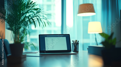 Wallpaper Mural modern home office workspace with laptop, plants, and soft lighting creating a serene work environment Torontodigital.ca
