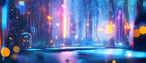 Empowering small and medium enterprises (SMEs) through AI and generative innovation, dynamic and futuristic scene, vibrant and energetic colors, 