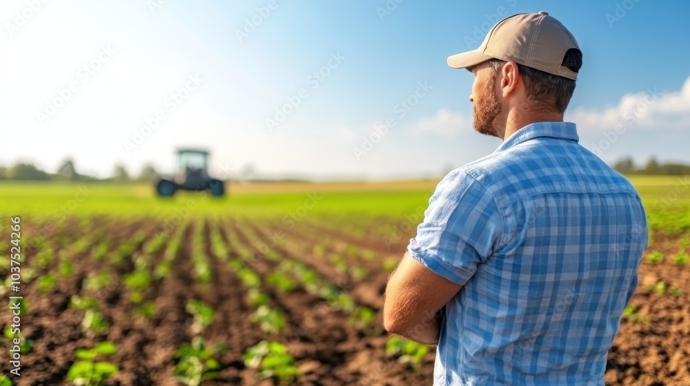 Fototapeta premium In a lush green field, a man in a blue checkered shirt and cap gazes at a distant tractor, capturing the essence of modern agricultural practices and countryside serenity.