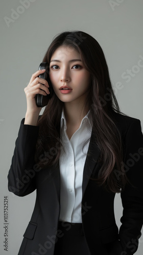 Confident businesswoman in formal attire holding smartphone indoors