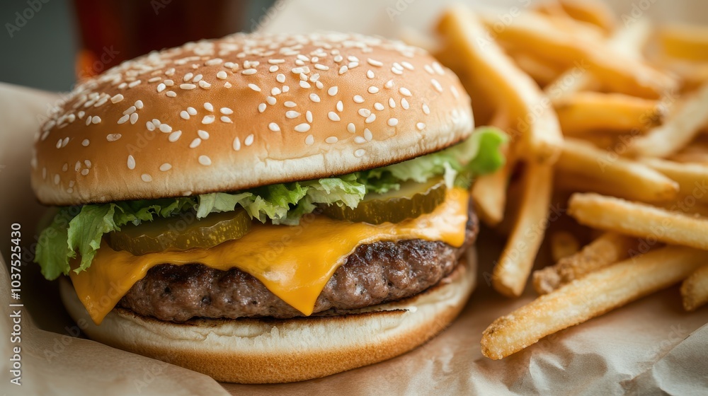 A mouthwatering cheeseburger topped with fresh lettuce and pickles, served with a side of crispy fries, embodying classic fast-food flavors and comfort. A mouthwatering cheeseburger topped with fresh lettuce and pickles, served with a side of crispy fries, embodying classic fast-food flavors and comfort.