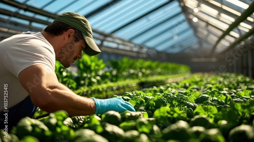 A dedicated gardener carefully nurturing leafy greens within a spacious greenhouse, exemplifying the commitment and patience involved in sustainable farming practices.