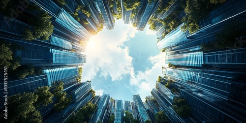  Building elevation view. Lots of tall buildings, greenery, glass buildings with design. Surrounded in a circle with bright sky in the middle of the circle. 