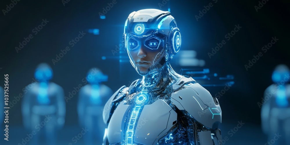futuristic Artificial intelligence technology, standing, shades of blue, front shot futuristic Artificial intelligence technology, standing, shades of blue, front shot