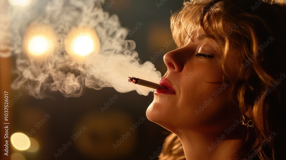 Fototapeta premium This serene image highlights a woman's profile as she exhales smoke in a beautifully lit space, conveying timeless moments of relaxation and contemplation.