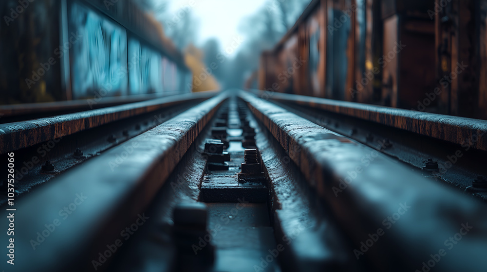 low-angle perspective of railway tracks leading into distance, industrial transportation scene with wet rails, perfect for travel, adventure, and urban landscape projects low-angle perspective of railway tracks leading into distance, industrial transportation scene with wet rails, perfect for travel, adventure, and urban landscape projects