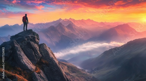 Majestic Mountaintop Sunset: A lone hiker silhouetted against a vibrant sunset, standing on a rocky peak overlooking a breathtaking mountain range. A captivating image of adventure, exploration.