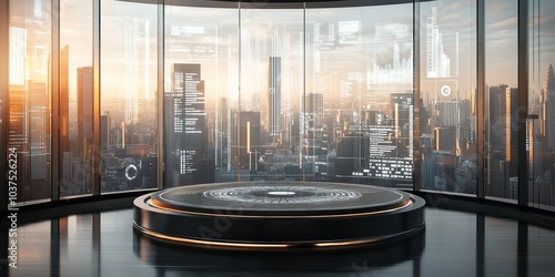 A sleek, polished podium set in the center of a sophisticated, modern office environment. The room is filled with floor-to-ceiling glass windows, offering a panoramic view of a bustling city skyline
