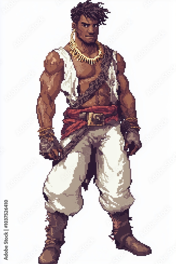 Fototapeta premium Jamaican pirate hero character with fishbone necklace in pixel art style