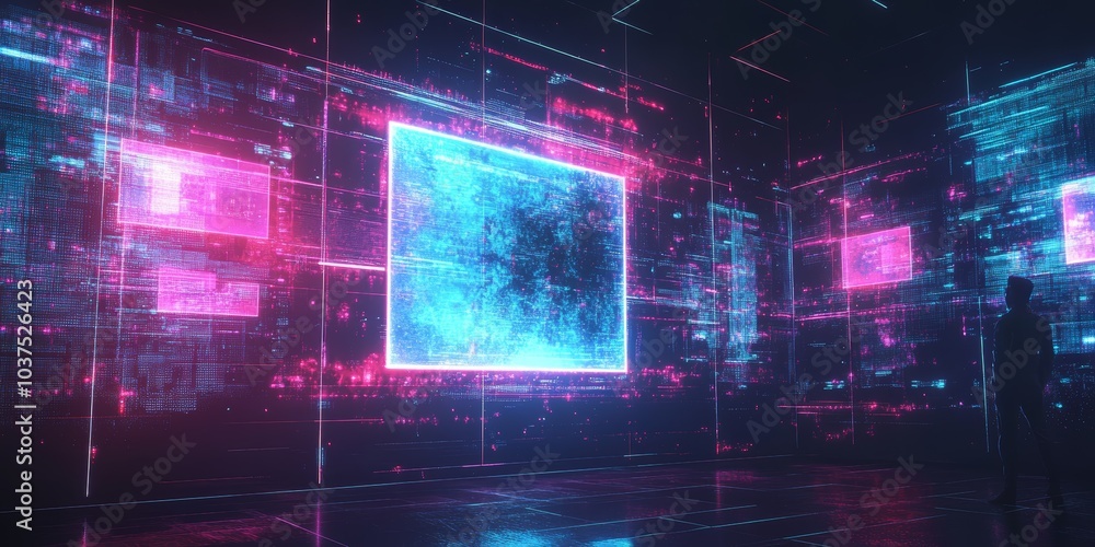 Fototapeta premium hologram screen with many scenes out of it with colorful futuristic feeling,