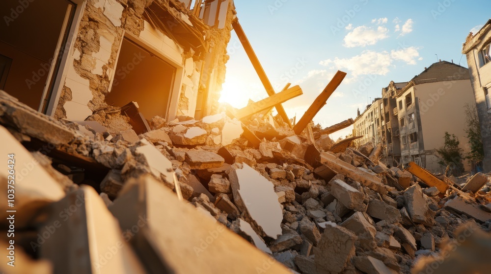 A sunlit scene of urban destruction with fallen debris and crumbling buildings, capturing a moment frozen in the aftermath of devastation and decay in a city setting. A sunlit scene of urban destruction with fallen debris and crumbling buildings, capturing a moment frozen in the aftermath of devastation and decay in a city setting.