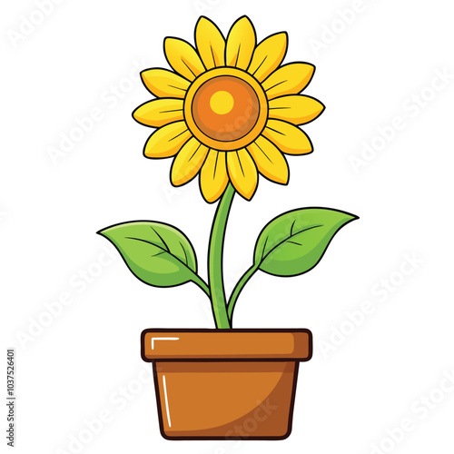 Sunflower cartoon vector illustration. Sunflower seedlings with yellow flowers in pot isolated on white