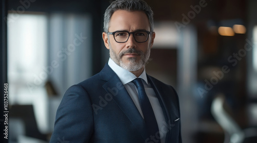 Confident businessman in formal suit with glasses in modern office setting