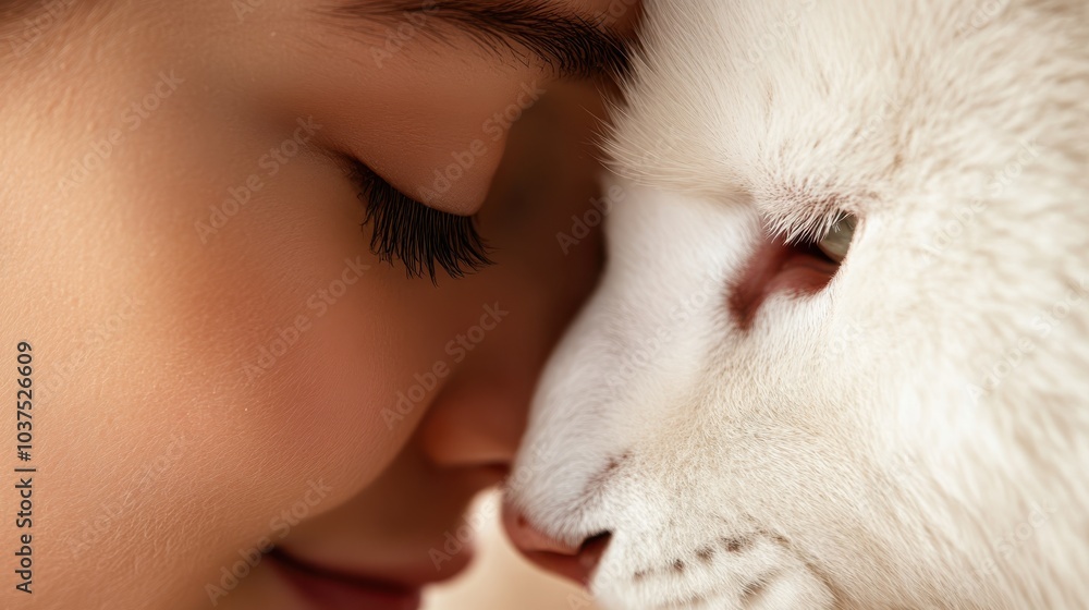 A gentle and affectionate interaction of a girl with her white cat, showcasing the serene bond between humans and pets through a soft and peaceful moment captured. A gentle and affectionate interaction of a girl with her white cat, showcasing the serene bond between humans and pets through a soft and peaceful moment captured.