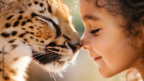 A child and a cheetah share a gentle, nose-to-nose moment, showcasing their bond and harmony. This touching interaction highlights innocence and trust. photo