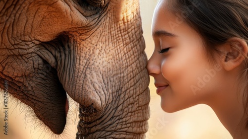 A child and a gentle elephant share a tender nose touch, symbolizing peaceful coexistence and mutual respect, set in a warm, harmonious embrace of nature. photo