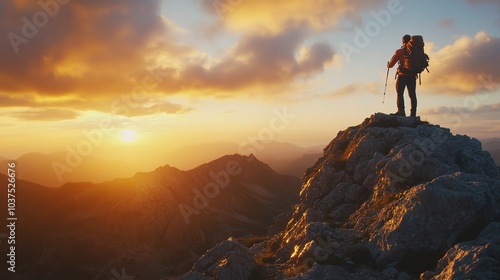 Summit Success: A lone hiker stands triumphantly on a mountain peak, silhouetted against a breathtaking sunset. The image evokes a sense of accomplishment, resilience, and the beauty of nature. 