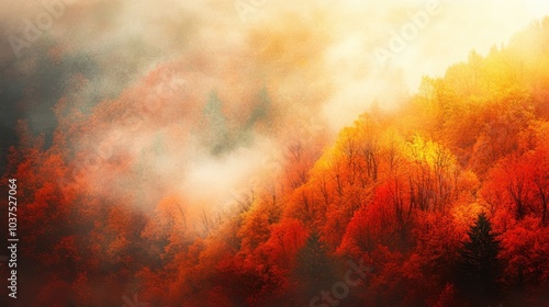 An enchanting image of sunlit mist enveloping a forest with striking fall colors, showcasing the scenic beauty and tranquility of an autumnal landscape in nature.