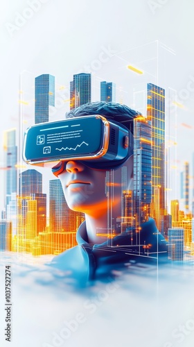 3D illustration of a man wearing VR glasses, a piece of land in the middle and five high-rise buildings with eye-catching words on them, with icons business, technology, and digital marketing