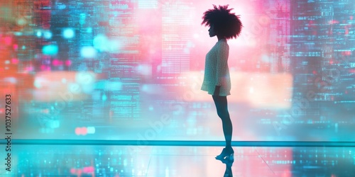 young woman standing on glass ground, frog perspective, black hair, afro style, digital elements in background, binary code