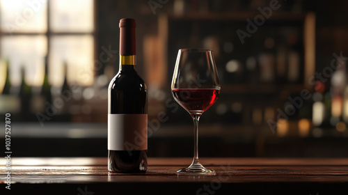 bottle of red wine and glass filled with wine are elegantly displayed on wooden table, creating warm and inviting atmosphere perfect for relaxation