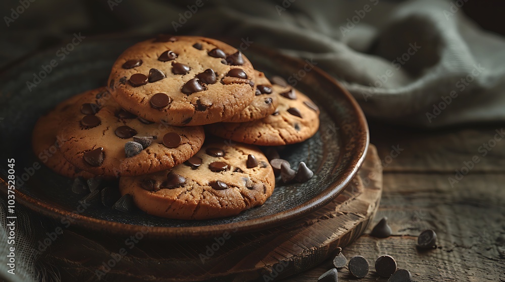 On a rustic plate chocolaty biscuits sight of chocolate chip biscuits On a rustic plate chocolaty biscuits sight of chocolate chip biscuits