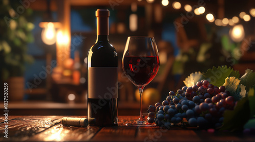 bottle of red wine and glass filled with wine are elegantly displayed on wooden table, accompanied by fresh grapes. warm, inviting atmosphere is enhanced by soft lighting and greenery in background