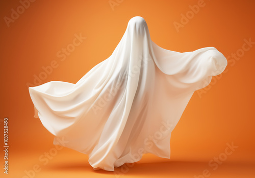 Halloween background with white ghost illustration. Time of joy and fear 