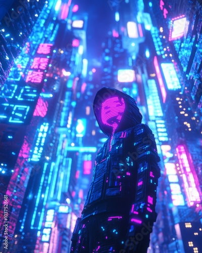 A pixelated character in a hoodie standing confidently in a futuristic neon-lit city, with towering skyscrapers and glowing blue lights in the background