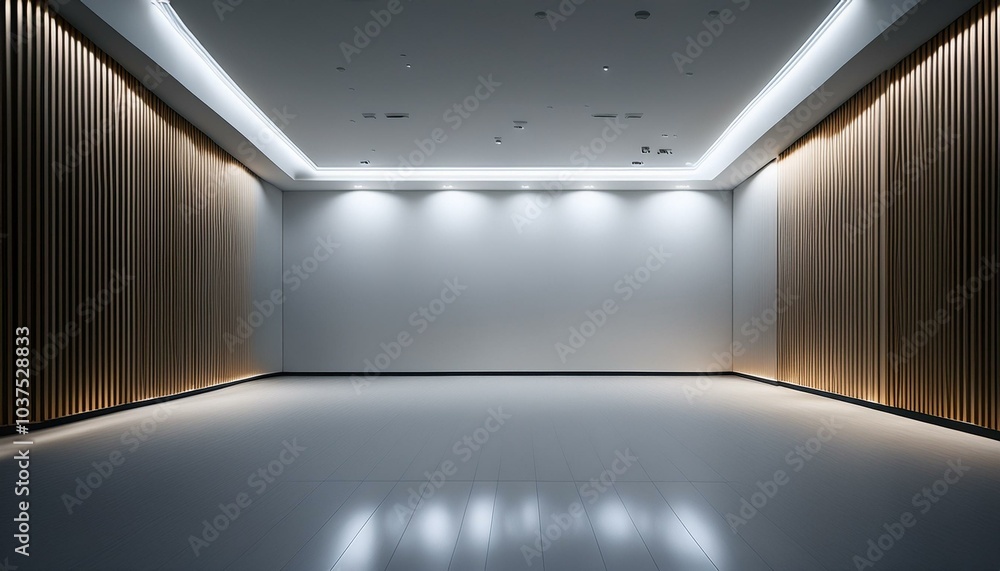empty hall room featuring a blank light wall and white floor, illuminated by LED lights on top, provides a clean and versatile mockup space empty hall room featuring a blank light wall and white floor, illuminated by LED lights on top, provides a clean and versatile mockup space