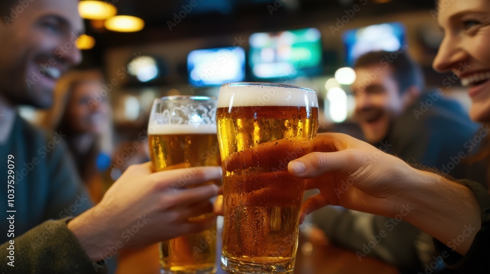 A group of friends toasting with glasses of beer in a warm, cozy atmosphere, showcasing togetherness and enjoyment in a lively social setting at a bar. A group of friends toasting with glasses of beer in a warm, cozy atmosphere, showcasing togetherness and enjoyment in a lively social setting at a bar.
