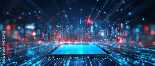 floating above a tablet. In the background, a cityscape is illuminated by light rays from the screen, surrounded by circuit board patterns and digital data streams, creating a high-tech atmosphere. 