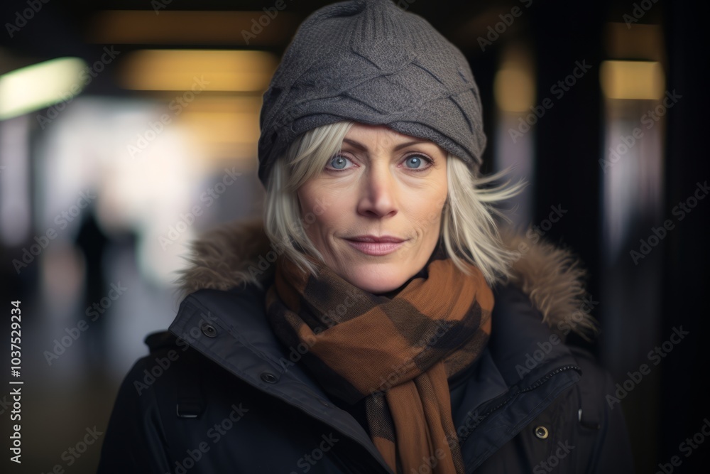 Portrait of a beautiful middle-aged woman wearing a hat and scarf Portrait of a beautiful middle-aged woman wearing a hat and scarf