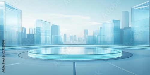  Blue background, circular stage with glass cube buildings on the left and right sides of it, futuristic cityscape style, glass material