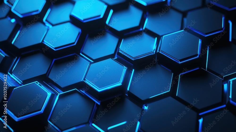 This image features a close-up view of a modern hexagonal pattern illuminated by blue lighting on a dark background, showcasing its geometric design. This image features a close-up view of a modern hexagonal pattern illuminated by blue lighting on a dark background, showcasing its geometric design.
