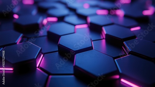 A visually striking image showcasing hexagonal shapes in dark tones illuminated by vibrant neon pink lights, creating a modern design aesthetic.