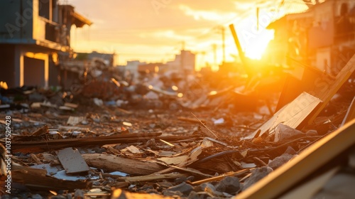 Amidst urban ruins, a sunset casts light over widespread destruction and debris, creating a stark contrast between the beauty of nature and the devastation it wrought. photo