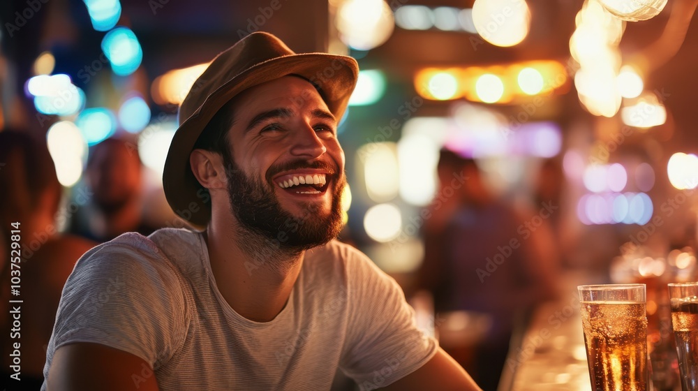 A bearded man in a fedora sits happily at a bustling bar, surrounded by vibrant lighting, exuding joy and enjoyment in a lively social setting full of warmth. A bearded man in a fedora sits happily at a bustling bar, surrounded by vibrant lighting, exuding joy and enjoyment in a lively social setting full of warmth.
