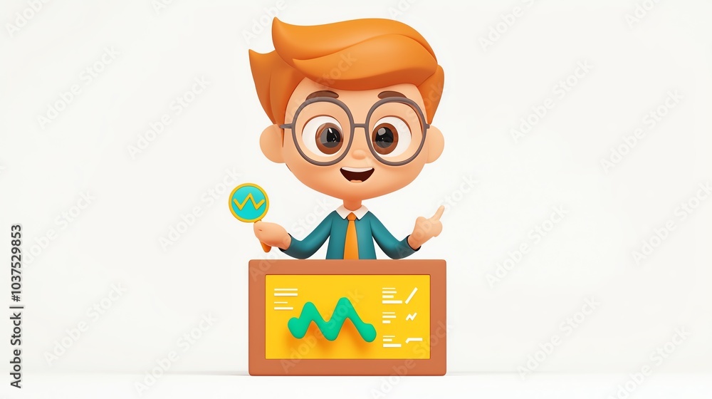Cute cartoon boy teacher presenting with a pointer.