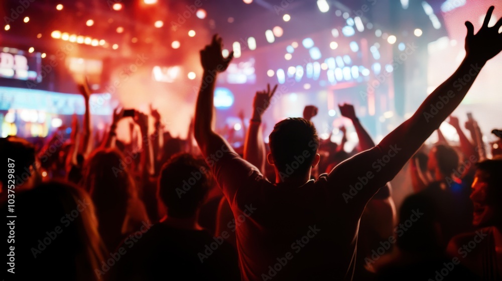 custom made wallpaper toronto digitalA large group of people enthusiastically participate in a lively concert, surrounded by vibrant lights creating a dynamic atmosphere filled with energy and excitement.