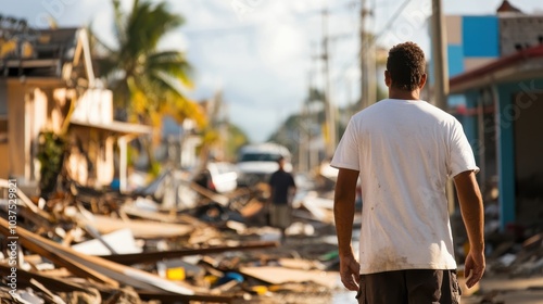 A man stands amidst debris and destruction, surveying the wreckage on a street devastated by a disaster, highlighting survival and resilience amid chaos. photo