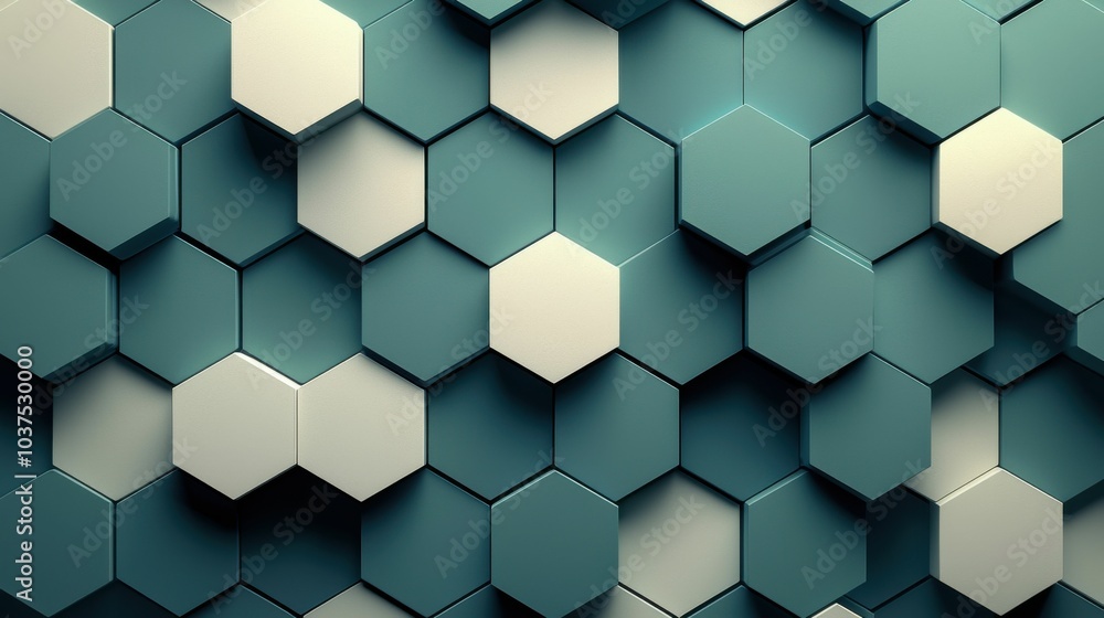 A visually appealing arrangement of hexagonal tiles in shades of teal and white, creating a modern geometric pattern. Ideal for digital display and design. A visually appealing arrangement of hexagonal tiles in shades of teal and white, creating a modern geometric pattern. Ideal for digital display and design.